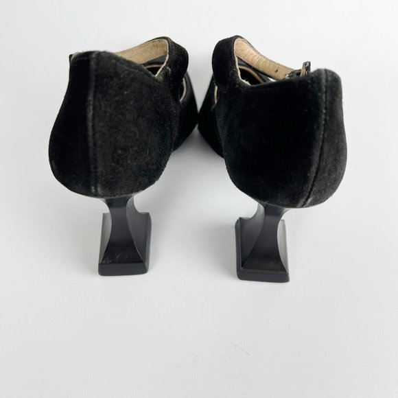 John Fluevog Suede Leather Pointed Square Toe Chunky Curve Heel Mary Jane Witchy - Picture 5 of 8